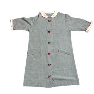 1960s kids green and white plaid dress with holly berry button design (girls 8)